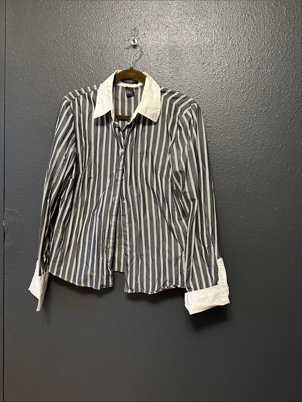 Autograph Black and White Striped Button-Down Shirt with Contrast Collar